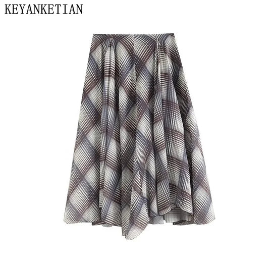 KEYANKETIAN 2024 New Women's Argyle Plaid MIDI Skirt Autumn Retro style Zipper High waist Asymmetrical A Line Ankle-Length Skirt