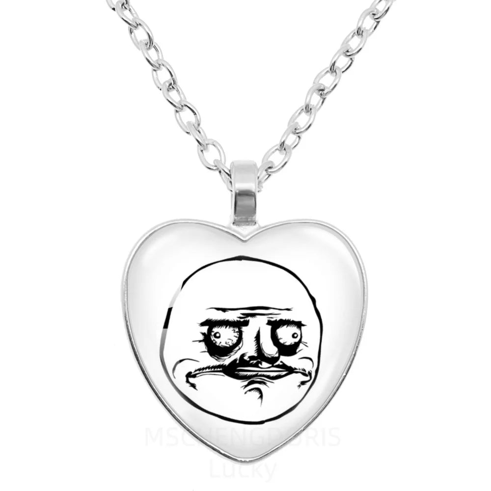 Rage Comic Necklace Derp Face Trollface Funny Meme Cartoon Glass Heart Shape Pendant Chain Necklace Charm Jewelry Collect Gift