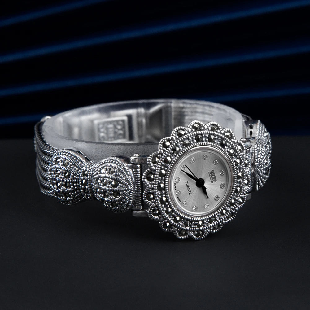 Thailand Silver Solid 925 Sterling Silver Marcasite Luxury Wrist Watches Jewelry Leopard Women's Quartz Watches New Trend