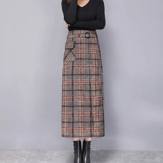 Women's Plaid Straight Skirt with Waist Detail
