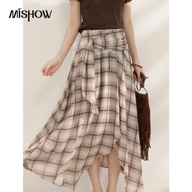 MISHOW New French-style Plaid Chiffon High-waist Skirt 2026 Summer Elegant Irregular Invisible Zipper Dress for Women MXF21B2493