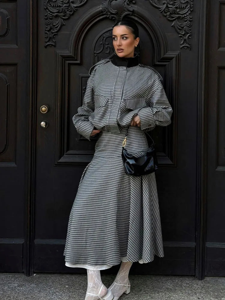 HH 2026 Women Spring Skirt Suit Stand Collar Single Breasted Casual Plaid Bomber Jacket+Side Zipper Splicing Pleated Midi Dress