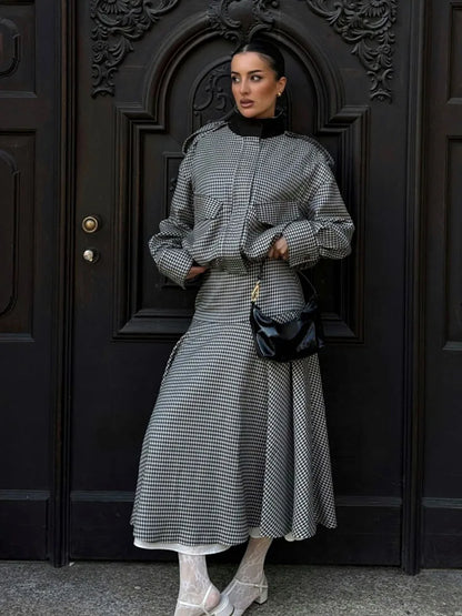 HH 2026 Women Spring Skirt Suit Stand Collar Single Breasted Casual Plaid Bomber Jacket+Side Zipper Splicing Pleated Midi Dress