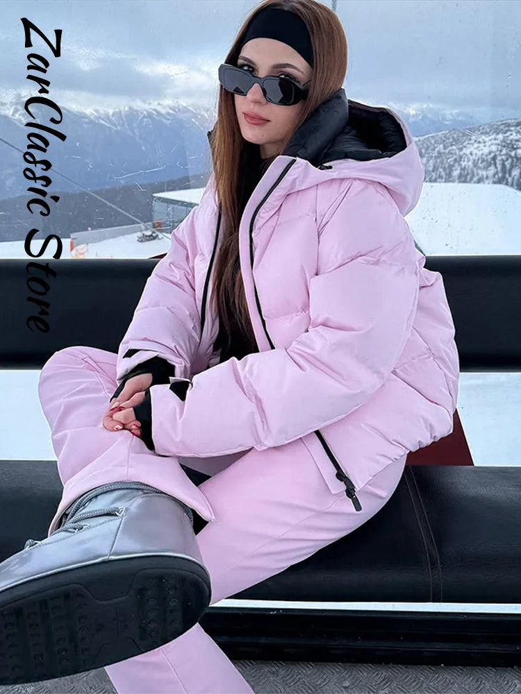 Fashion Patchwork Women's Ski Suit Warm Hooded Zipper Belt Full Sleeve Slim Jumpsuit Lady New Winter Casual Ski Clothing 2026