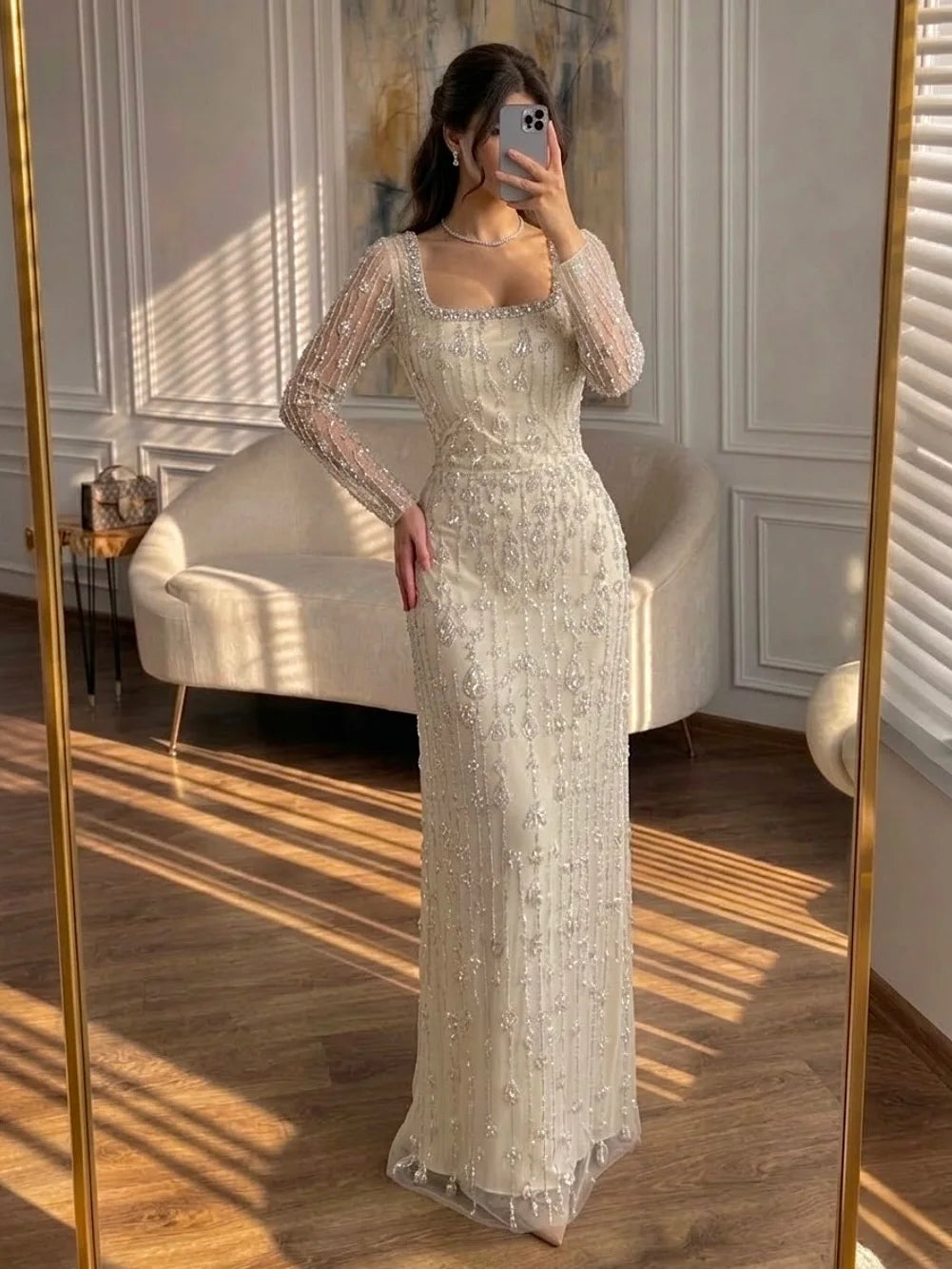Aileen Elegant European Evening Dress Customized Ivory Tulle STRAIGHT Floor Length With Sequins Evening Dress Robes De