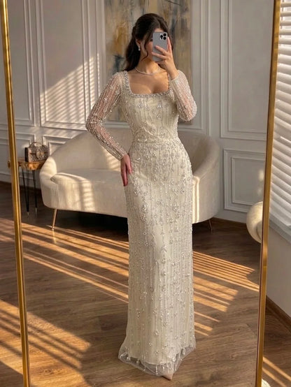Aileen Elegant European Evening Dress Customized Ivory Tulle STRAIGHT Floor Length With Sequins Evening Dress Robes De