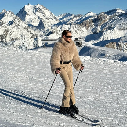 Faux Fur Top Splicing Womne's One Piece Skiwear Winter Warm Stand Collar Jacket Tight Flared Jumpsuit Outdoor Snowboard Clothing