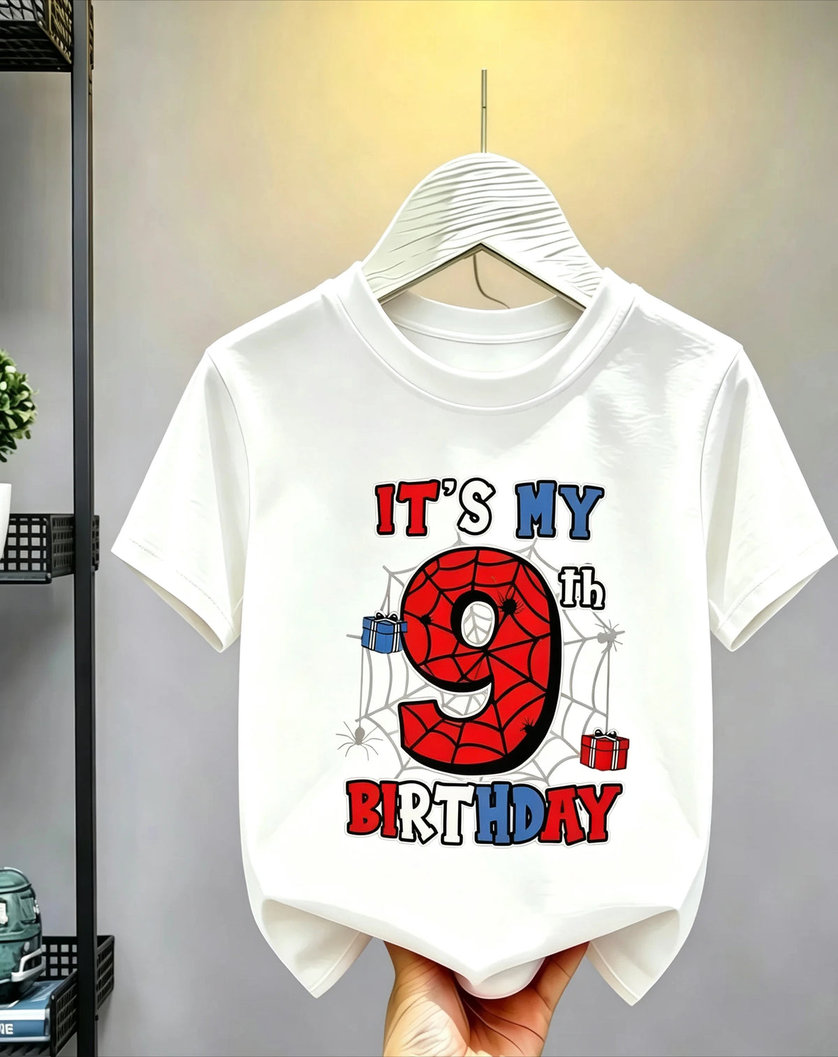 1-10 Years Birthday Spiderweb Gift Hero Print Cotton Short-Sleeve T-Shirt, Suitable for Boys and Girls Daily Wear