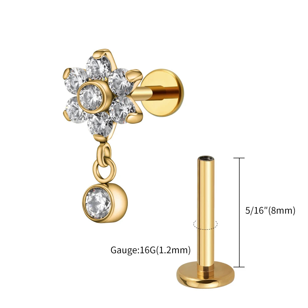 Right Grand ASTM F136 Titanium 16G Flower CZ Drop Dangle Flat Earring Tragus Helix Lobe Stud Piercing Jewelry