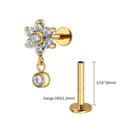 Right Grand ASTM F136 Titanium 16G Flower CZ Drop Dangle Flat Earring Tragus Helix Lobe Stud Piercing Jewelry