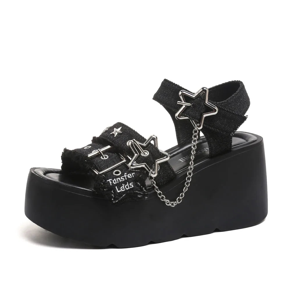 2026 Summer Women's Gothic Chunky Platform Wedges Sandals Chain Street Cool Slide Sandals Women Shoes Walking Comfy