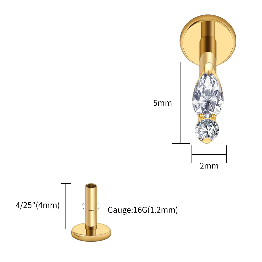 Right Grand ASTM F136 Titanium Teardrop Opal Cartilage Earring 16G Tiny Round CZ Forward Helix Labret Stud Piercing Jewelry