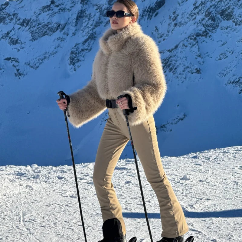 Faux Fur Top Splicing Womne's One Piece Skiwear Winter Warm Stand Collar Jacket Tight Flared Jumpsuit Outdoor Snowboard Clothing