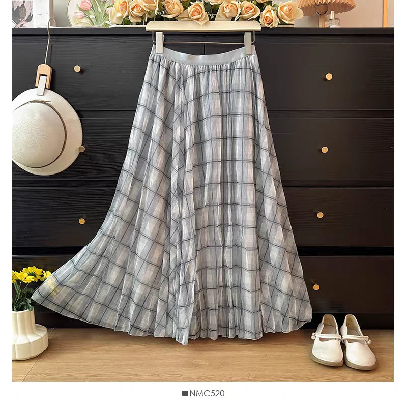 Retro Plaid Print Tulle Maxi Skirt for Women, Spring Summer High Waist Slim A-Line Pleated Midi Skirt, Flowy Ball Gown Style