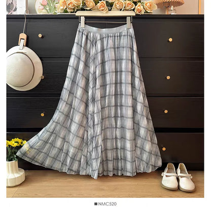 Retro Plaid Print Tulle Maxi Skirt for Women, Spring Summer High Waist Slim A-Line Pleated Midi Skirt, Flowy Ball Gown Style