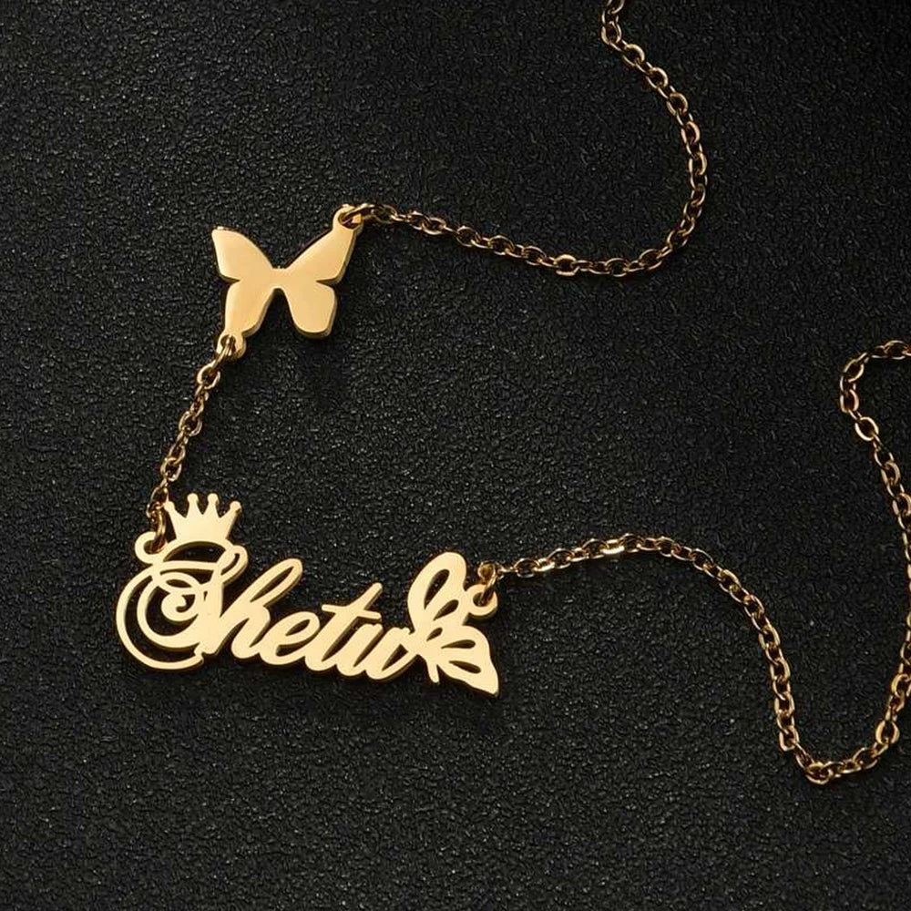 Atoztide Multiple Custom Name Frosted Necklaces Full Stone Butterfly Chain Stainless Steel for Women Pendant Jewelry Gifts