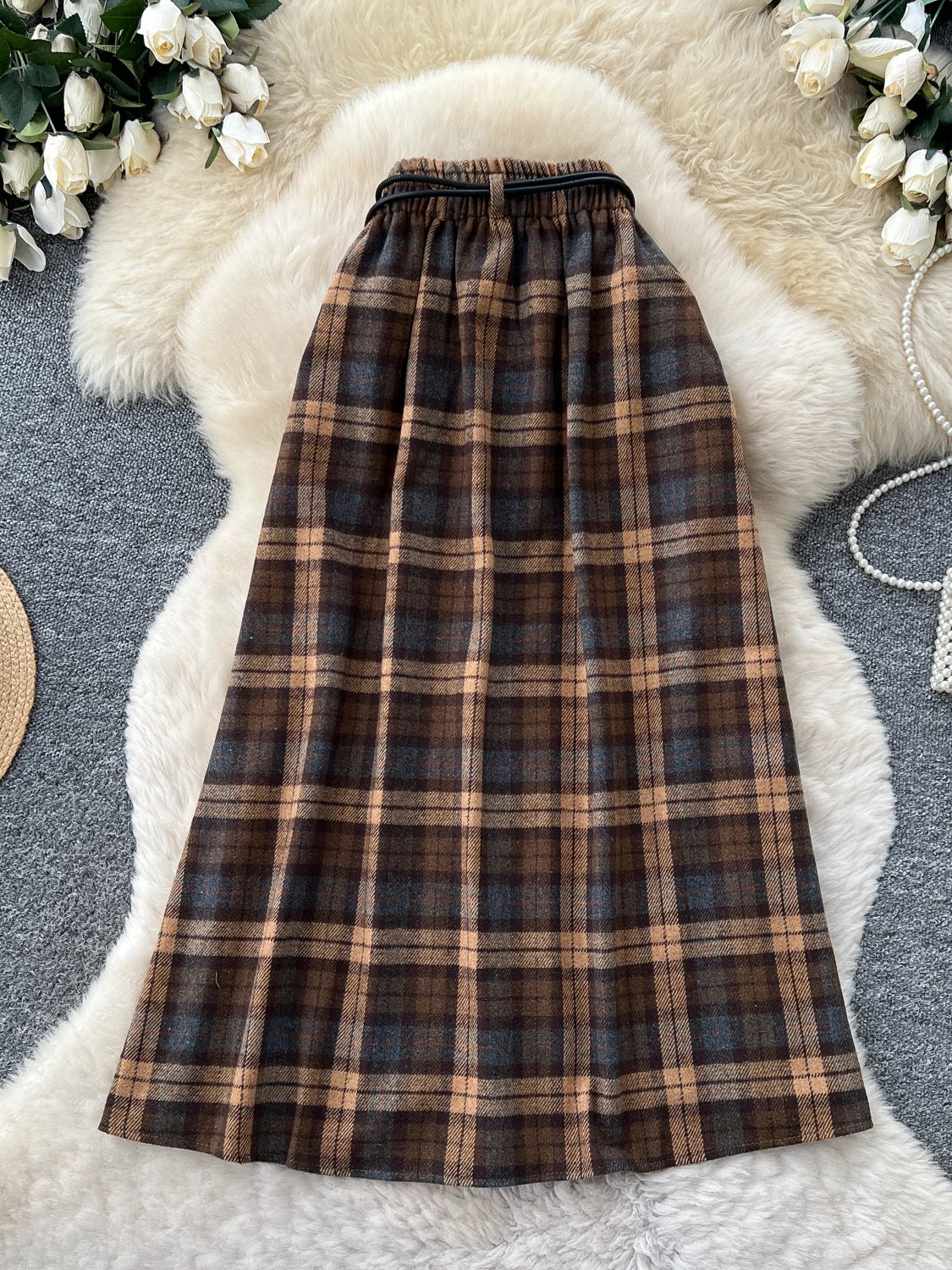 Retro Plaid Splicing A-Line Midi Skirt Women's High Waist Slimming Commute Elastic Waist Skirts Korean Style City Commute