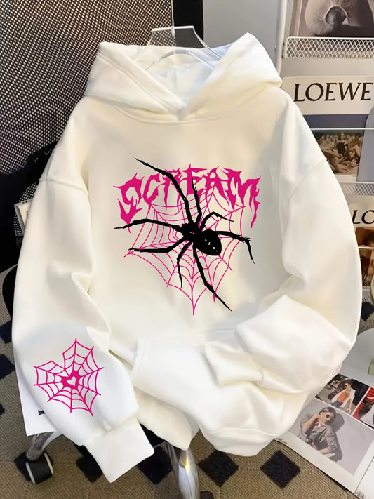 Men's Gothic Spider Print Hoodie Hip Hop Sports Casual Streetwear Pink Graffiti Pullover Sweatshirt Tops