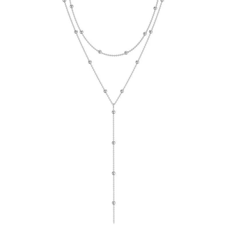 Yupsk Sliver Gold Color Double Layered Long Tassel Chain Necklaces for Women Simple Metal Bead Choker Necklace Fashion Jewelry