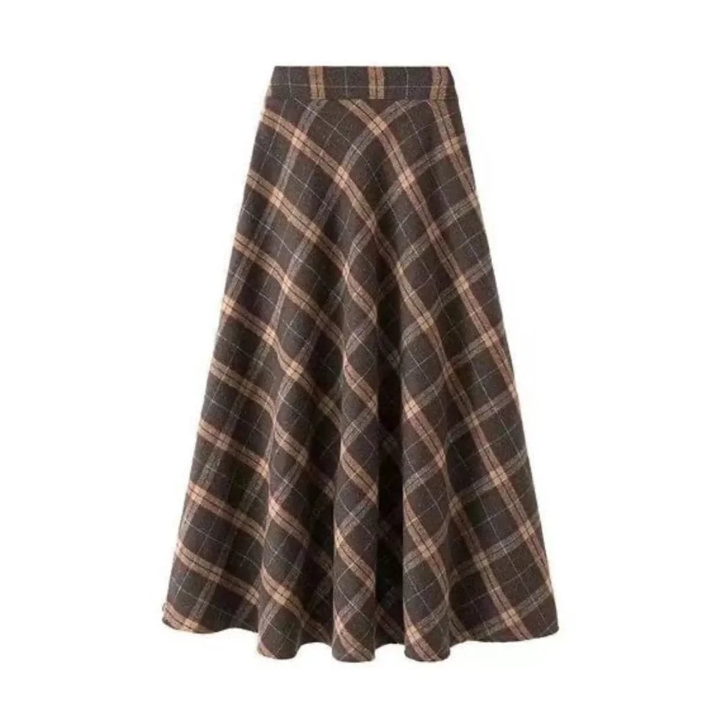 Elegant High Waist Retro Plaid Skirt Winter Autumu Classical High Waist Long Skirt Slim Fit Preppy Style A-line Half Dress Party