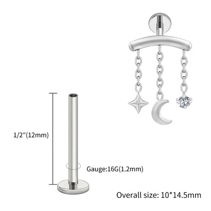 Right Grand ASTM F136 Titanium Hidden Helix Chain Earring 16G Dainty Star Moon CZ Dangle Cartilage Stud Piercing Jewelry