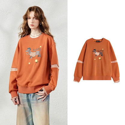 TOYOUTH Women's Sweatshirt 2026 Autumn New Loose Deconstructed Faux Two-Piece Plaid Dachshund Print Vintage Pullover Top