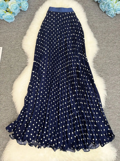 Polka Dot Print High Elegant A-line Pleated Long Skirt For Women 2025 Spring autumn Office Lady Casual Leopard Skirts