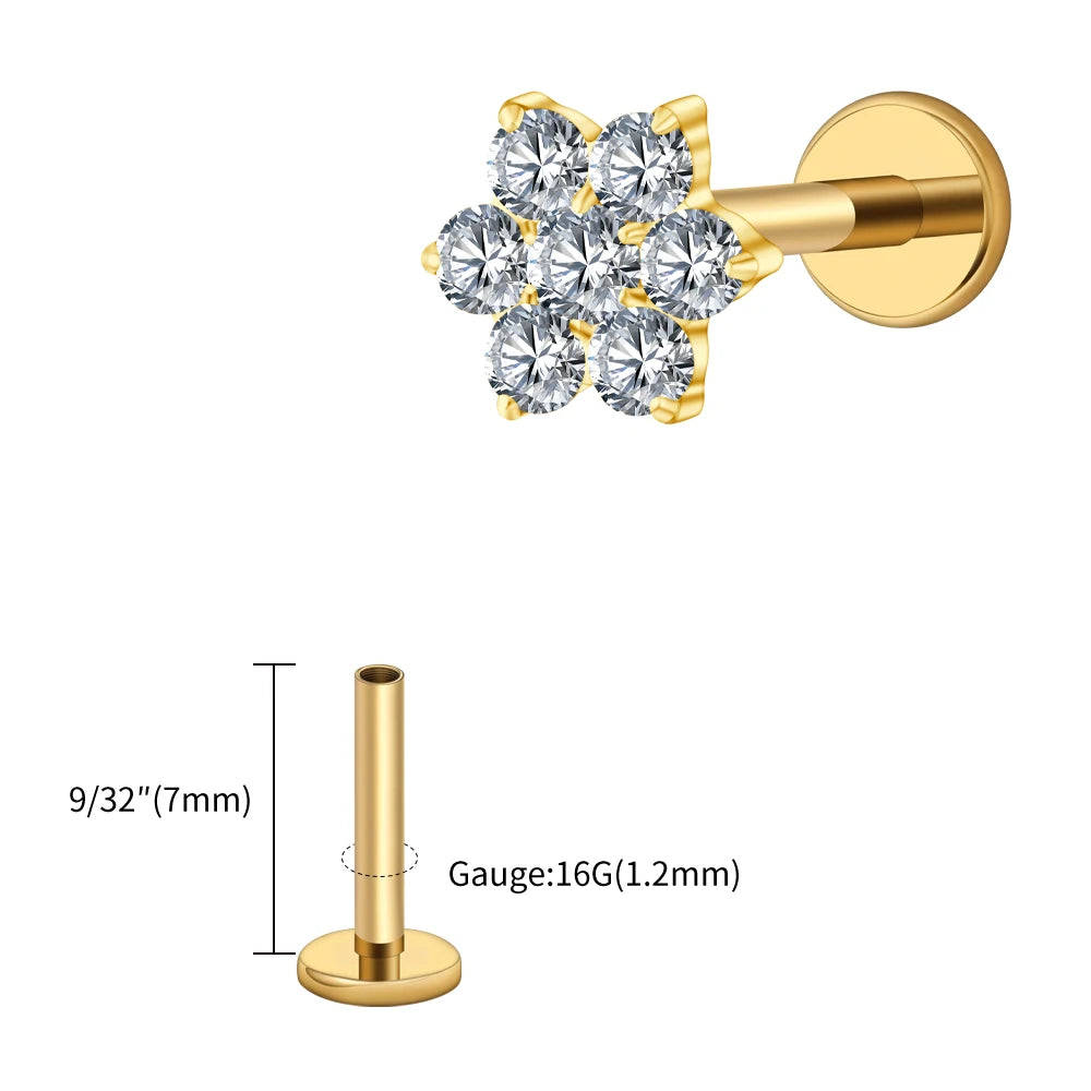 Right Grand ASTM F136 Titanium 16G Tiny Flower CZ Stud Earring Tragus Helix Rook Conch Labret Stud Flat back Cartilage Piercing