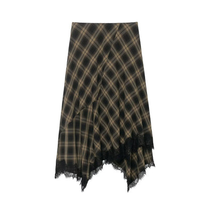 Spring Summer Women's Plaid Asymmetry Skirts Female Vintage  Skirts Chic Lace Splice Midi Skirts Lady Casual Ruched Skirt