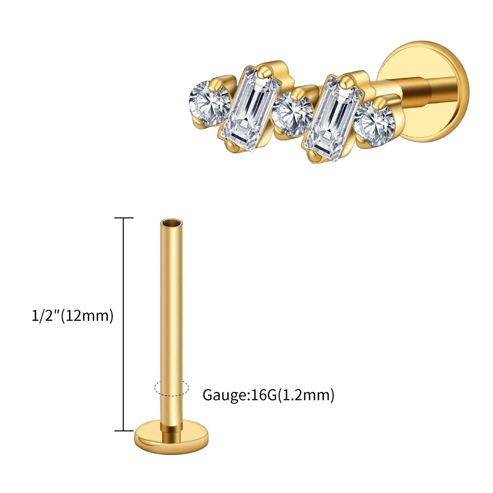 Right Grand ASTM F136 Titanium 16G Baguette CZ Climber Stud Earring Cluster Cartilage Helix Labret Stud Piercing Body Jewelry