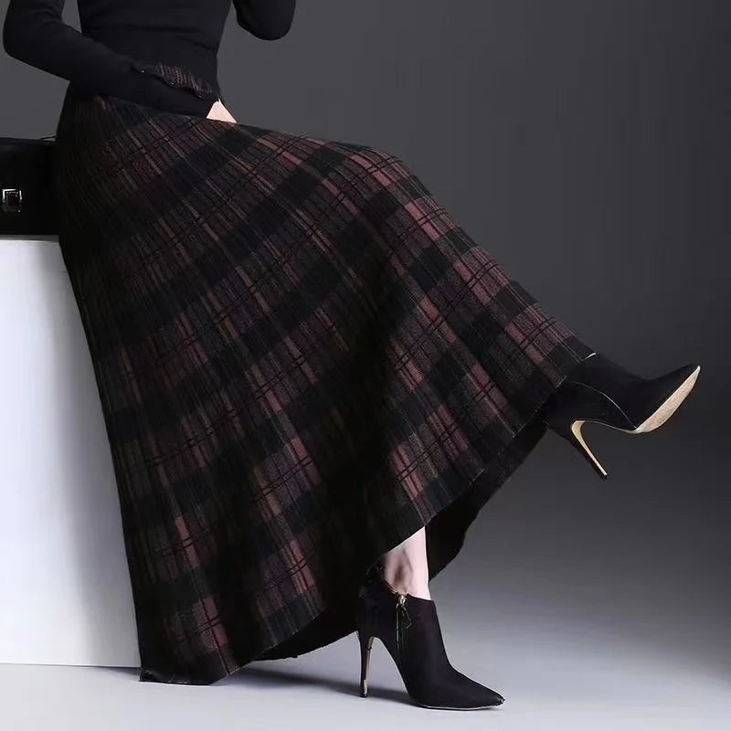 Women Checkered Knitted Skirt Autumn Winter Elastic High Waist A-line Long Skirt Female Thicken Plaid Knitted Sweater Skirts