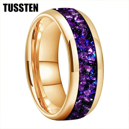 TUSSTEN 4/6/8MM Men's and Women's Wedding Tungsten Ring Galaxy Orion Nebula And Purple Crystal Stone Inlaid Comfortable Fit