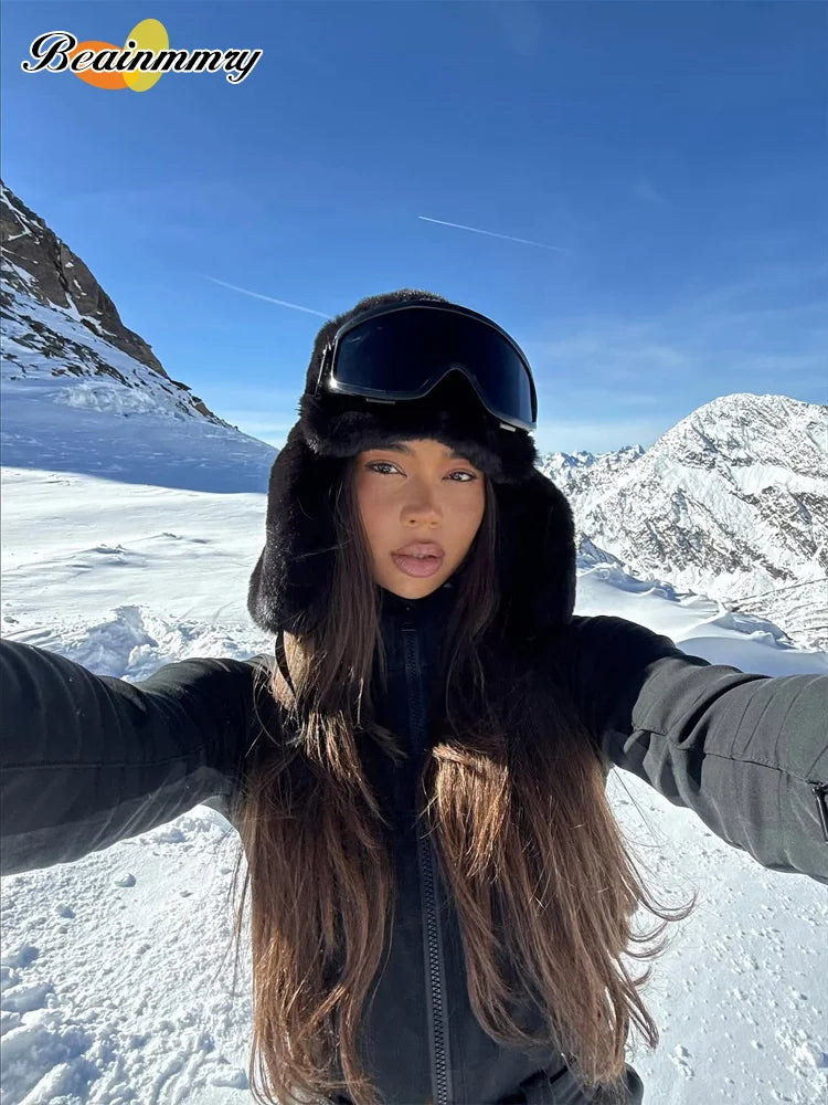 Chic Black Stand Collar Skiwear Women Cause Full Sleeve Waist Cinching High Waist Slim Jumpsuit 2026 Lady Winter Warm Outfit New