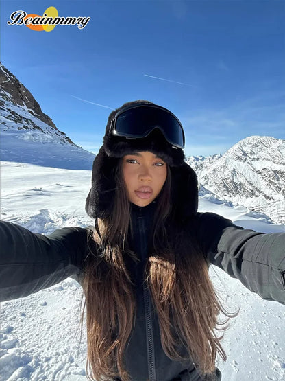 Chic Black Stand Collar Skiwear Women Cause Full Sleeve Waist Cinching High Waist Slim Jumpsuit 2026 Lady Winter Warm Outfit New