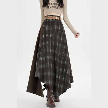 Qiukichonson Long Skirts Women Plaid Skirt Vintage Spring Autumn Patchwoek High Waist Ruffles Asymmetrical Maxi Skirt With Belt