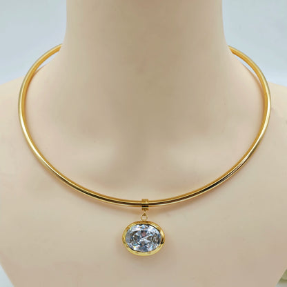 DOREMI 18K Gold Plated Titanium Steel Personality 4mm Rough Opening Necklace Choker Elliptical White Diamond Pendant Torques