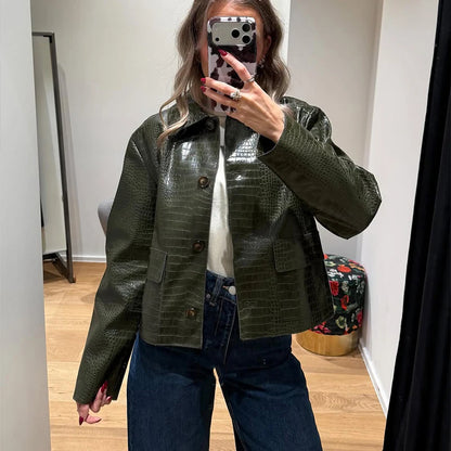 Crocodile Grain Women's Outerwear Lapel Long Sleeve Leather Jacket Vintage Olive Green Leather Coat Loose Cropped Fit Single