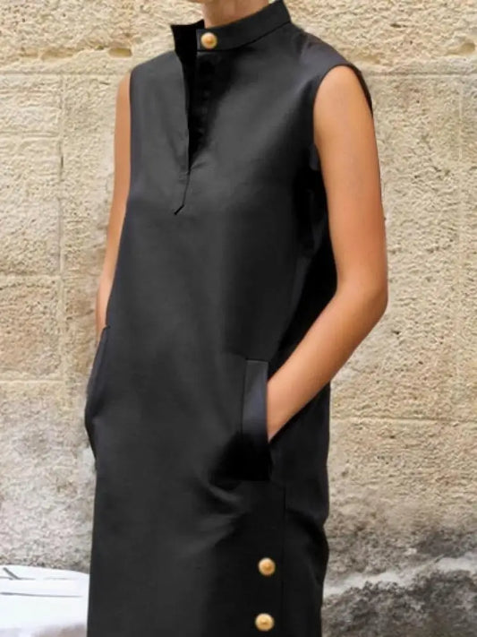 UOOZEE Female Vintage Solid Color Split-Side Stand Collar Party Evening Dresses 2026 New Summer Buttoned Casual Shirts Dress
