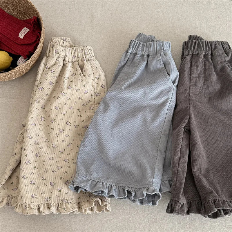 deer jonmi 2026 New Spring Baby Girls Wide Leg Pants Floral Printed Korean Style Corduroy Ruffles Toddlers Kids Casual Trousers