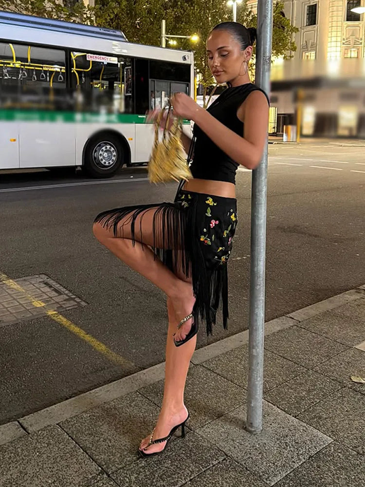 Floral Embroidery Fringe Wrap Mini Skirt Low Rise Self Tie Asymmetrical Hem 2026 Spring Summer Festival Women Boho Party Outfit