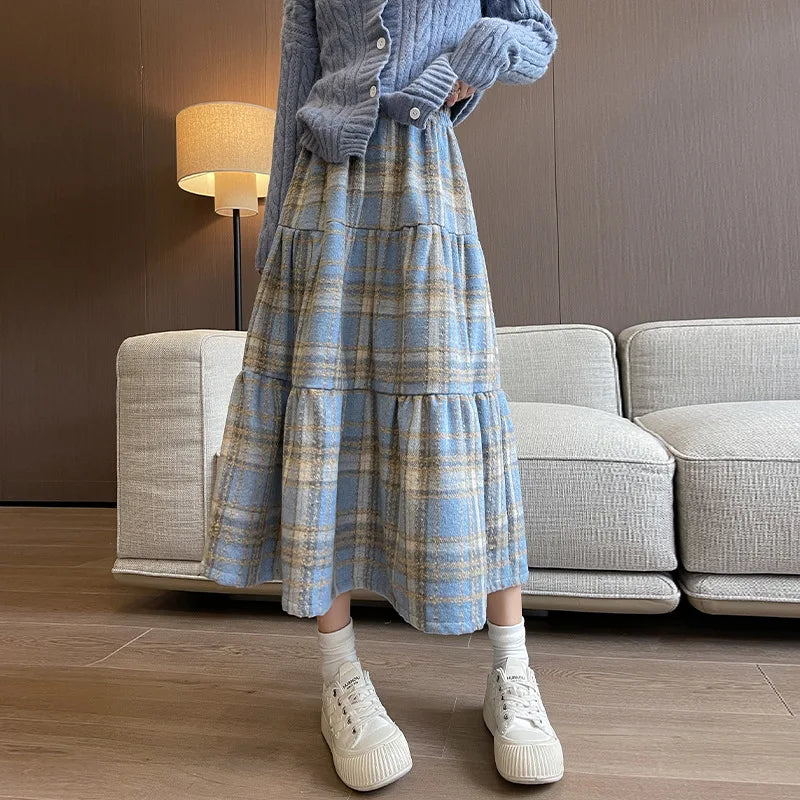 Sweet Vintage High Waist A- Line Plaid Woolen Skirt Women Autumn Winter Midi Length Skirt Woman Comfortable Casual Style