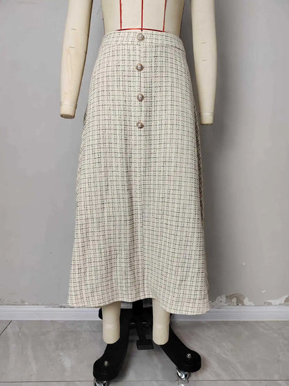  FairyShely Vintage Pleated Plaid Long Skirt Women 2026 Autumn Winter Woolen Skirt Mixed Tweed Flared Skirt for Women