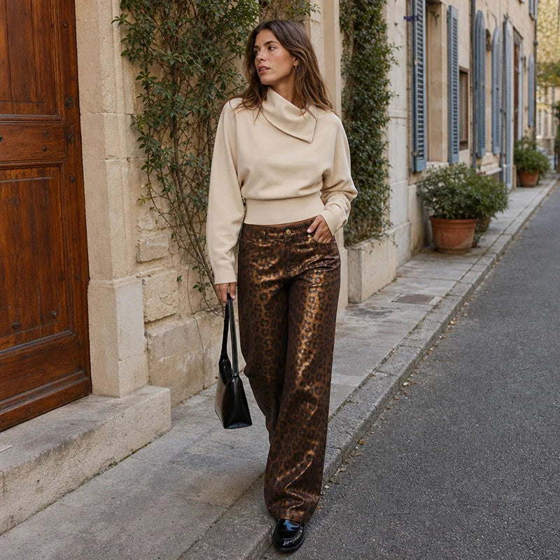 Leopard Print Luster Wide Leg Pants Vintage High Waist Straight Trousers 2026 New Casual Club Daily Street Women's Bottom