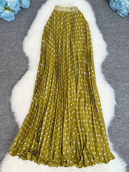 Polka Dot Print High Elegant A-line Pleated Long Skirt For Women 2025 Spring autumn Office Lady Casual Leopard Skirts