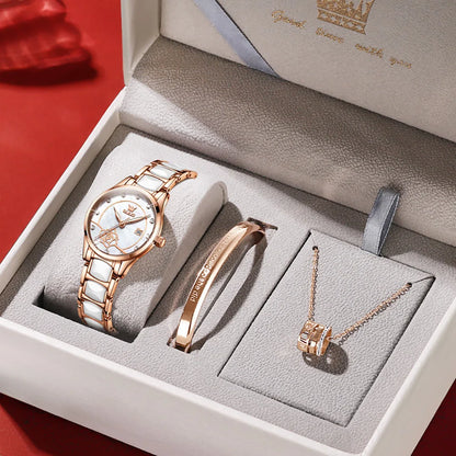 OLEVS Ladies Watch Ceramic Strap Elegant Fashion Luxury Waterproof Luminous Quartz Watch For Women Valentine's Day Present 3606