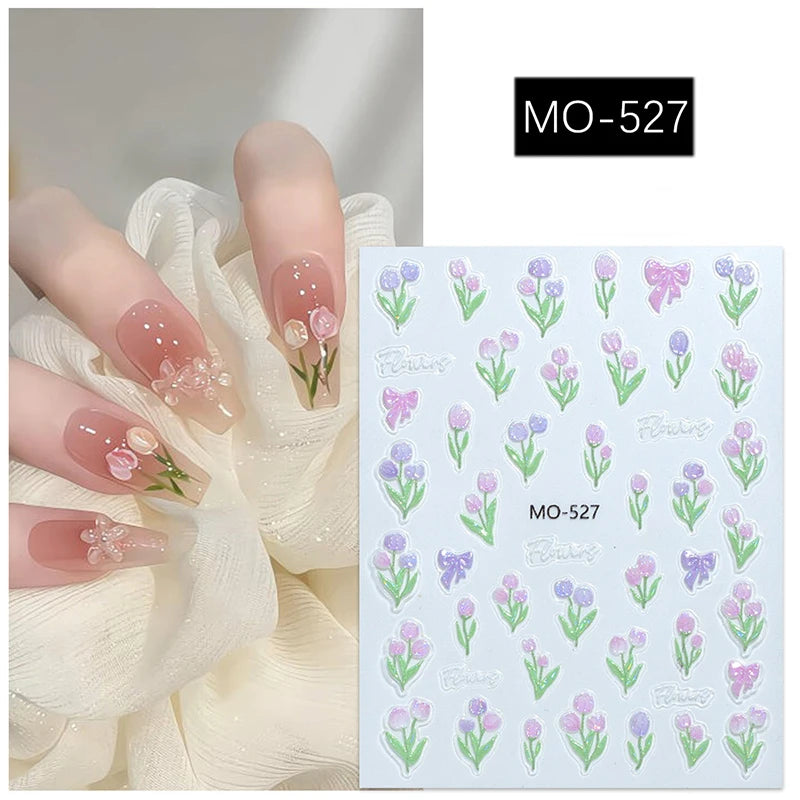 5D Embossed Nail Art Decals Elegant Petals Florals Daisy Flowers Leaves Adhesive Sliders Stickers For Manicure Tips Decoration