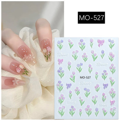 5D Embossed Nail Art Decals Elegant Petals Florals Daisy Flowers Leaves Adhesive Sliders Stickers For Manicure Tips Decoration