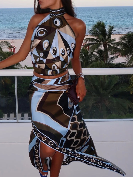 Spring Autumn Fashion Resort Tourism Geometric Print Asymmetrical Skirt Women's Middle Waist Slim A-Line Long Skirt