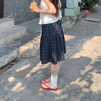 Fashion Drawstring Vintage Plaid Midi Skirts Spring Autumn High Waist Elastic Female Clothing Aura Korean A-Line Spliced Skirts