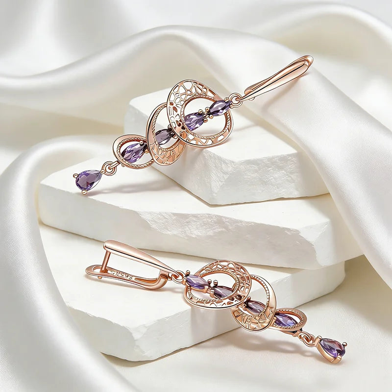 Kinel Hot Shiny Purple Natural Zircon Drop Earrings For Women Trend 585 Rose Gold Color Bride Wedding Fine Jewelry Crystal Gift